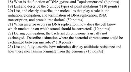 18) What is the function of DNA gyrase and Topoisomerases? (6 points) 19) List and describe the 5 unique types of point mutat