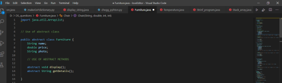 1 File Edit Selection View Go Run Terminal Help • Furniture.java - loveEditor - Visual Studio Code Х Furniture.java Temperatu