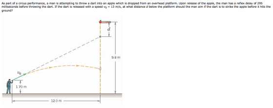 As part of a circus performance, a man is attempting to throw a dart into an apple which is dropped from an overhead platform. Upon release of the apple, the man has a reflex delay of 295 ground? milliseconds before throwing the dart. If the dart is released with a speed v0 = 13 m/s, at what distance d below the platform should the man aim if the dart is to strike the apple before it hits the 9.8 m ら 1.70 m 12.0 m