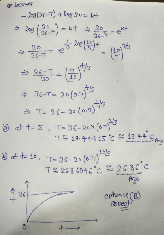 becomes 30 ekt 36-7 +/ 30 36-T e > 36-T 30 ( 18 ) → T= 36-30 (0.7) - log (36-T) + log 30=ht => log (T) – + =kt » blog (99)+ +