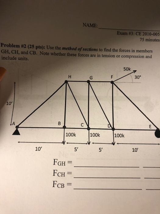 NAME Exam #3: CE 2010-005 75 minutes Problem #2 (25 pts): Use the method ofsections to find the forces in members GH, CH, and