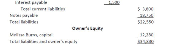1,500 Interest payable Total current liabilities Notes payable Total liabilities Owners Equity Melissa Burns, capital Total