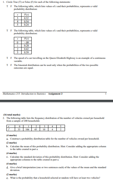 1. Circle True (T) or False (F) for each of the following statements: T F The following table, which lists values of x and th