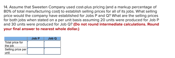 14. Assume that Sweeten Company used cost-plus pricing (and a markup percentage of 80% of total manufacturing cost) to establ