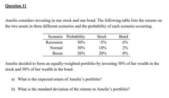 Question 11 Amelie considers investing in one stock and one bond. The following table lists the returns on the two assets in