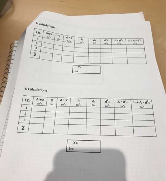 Calculations I.D. Area Ix+A d Y A Y (n) A d d in dv (in) 1 (in (in) 2. 3 Σ Y Ir Calculations I+ A.d (in A dx dx A X Area
