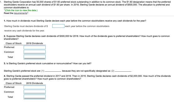 1. Sterling Garde Corporation has 50,000 shares of $1.60 preferred stock outstanding in addition to its common stock. The $1.