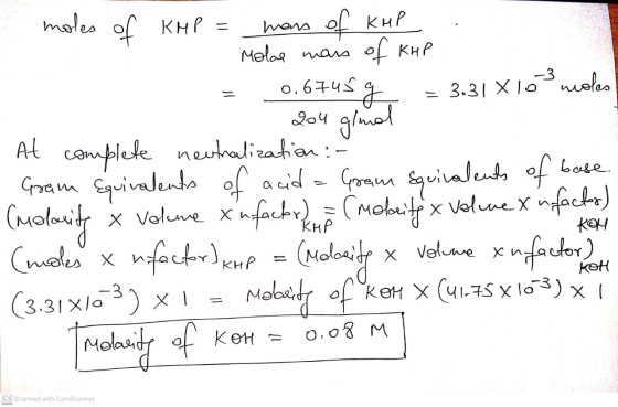 moles of KMP hans of kup Molas mais of kHP 3.31 103 molas = 0,6745g 204 ginal KON At complete neutralization: Gram Equivalent