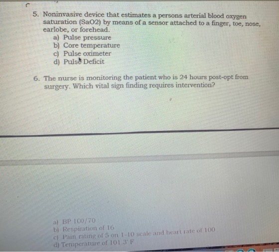 c 5. Noninvasive device that estimates a persons arterial blood oxygen saturation (SaO2) by means of a sensor attached to a f