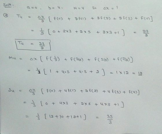Son! a=0, b= 4 N=4 so ox = 1 - 63 [foot ofcl) + 9f () + 9 F(3) + f(y)] = $ 10+ 2x3 + 2x5 + 2x3 +1) = 33 mu – [ f( ) + f(319)