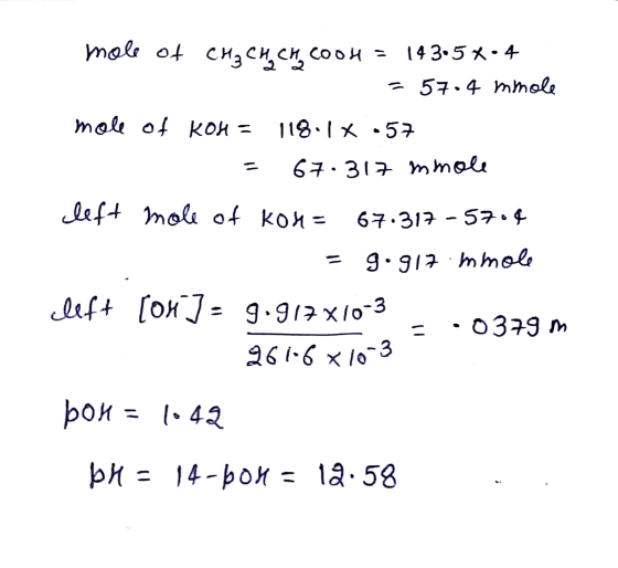 mole of CH₂ CH CH cooH = 143.5 x 4 = 57.4 mmole mole of KOH = 118.1* .57 = 67.317 mmole left mole of kon= 67.317-5704 1. = g.