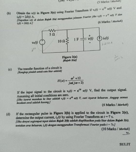 UwJTOWIU (5 Marks / Markah) (b) Obtain the v(t) in Figure 3(a) using Fourier Transform if vy(t) = u(t) V and is(t) = 28(t)