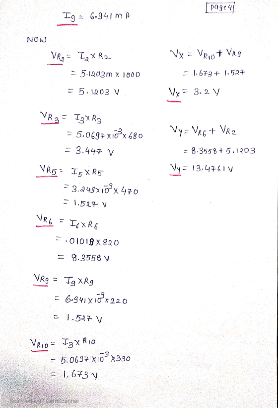 [page4 Ig = 6.941 MA NOW VRO= IQX R2 Vy = VRIO & VRg = 5.1203m x 1000 - 1.673 + 1.527 = 5.1203 V | Vy3. 2 y VR 3 = I3X R3 = 5