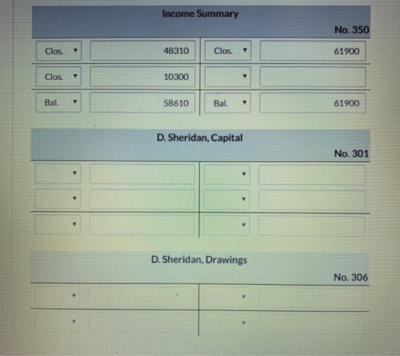Income Summary No. 350 Clos. 48310 Clos. 61900 Clos. 10300 Bal. 58610 Bal. 61900 D. Sheridan, Capital No. 301 D. Sheridan, Dr