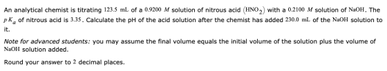 An analytical chemist is titrating 123.5 mL of a 0.9200 M solution of nitrous acid (HNO 2) with a 0.2100 M solution of NaOH.