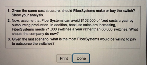 1. Given the same cost structure, should FiberSystems make or buy the switch? Show your analysis. 2. Now, assume that Fiber S