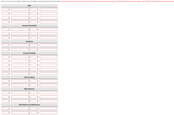 Using Taccounts, enter the beginning balances in the ledger accounts and post the April transactions. (Post entries in the or