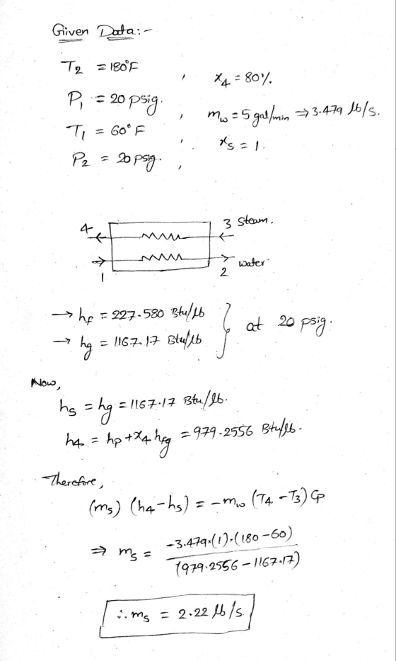 Given Data: T2 = 180° 80%. P = 20 mw=5 5 gal/min → 3-479 16/s. psig. Ti GO P2 = 2opsig. is al 3 steam. 쉽 nu water 2 20 • hf
