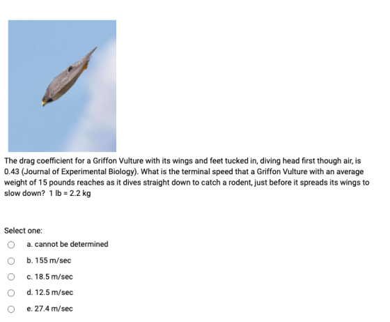 The drag coefficient for a Griffon Vulture with its wings and feet tucked in, diving head first though air, is 0.43 (Journal