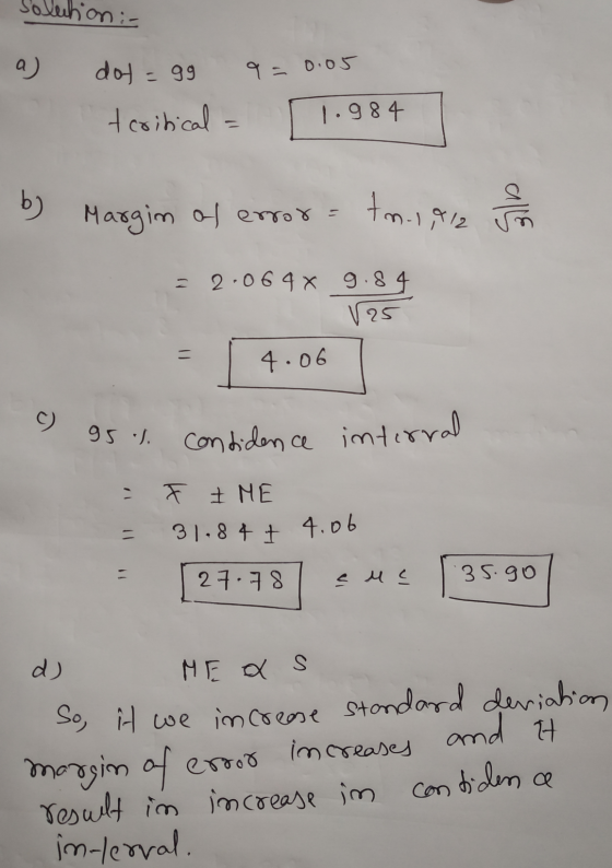 tion :- a) q=0.05 dot = gg tcritical - 1.984 by Margin of error tn 1,912 에g = 2.069 x 9.84 125 = 4.06 C) 95% considence inter