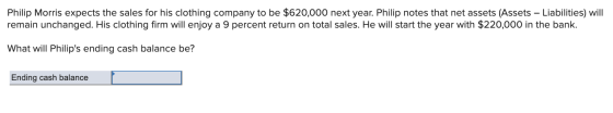 Philip Morris expects the sales for his clothing company to be $620,000 next year. Philip notes that net assets (Assets – Lia