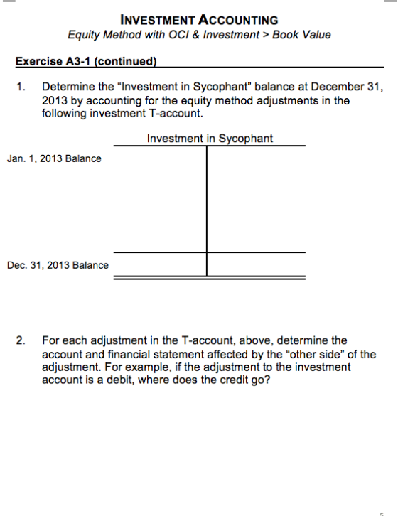 INVESTMENT ACCOUNTING Equity Method with OCI & Investment > Book Value Exercise A3-1 (continued) 1. Determine the Investment