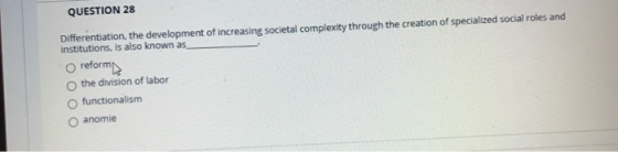 QUESTION 28 Differentiation, the development of increasing societal complexity through the creation of specialized social rol