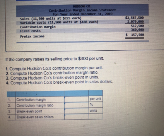 HUDSON CO. Contribution Margin Incone Statenent For Year Ended December 31, 2019 Sales (11,509 units at $225 each) Variable c
