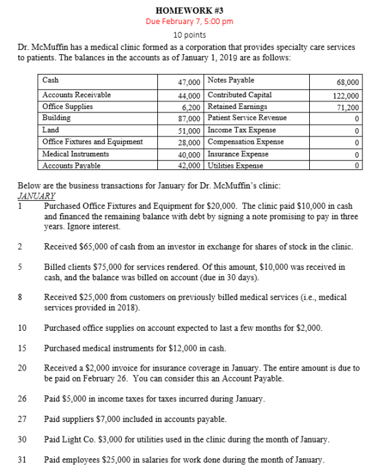 HOMEWORK #3 Due February 7,5:00 pm 10 points Dr. McMuffin has a medical clinic formed as a corporation that provides specialt