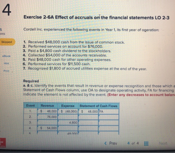 Exercise 2-6A Effect of accruals on the financial statements LO 2-3 Cordell Inc. experienced the following events in Year 1,