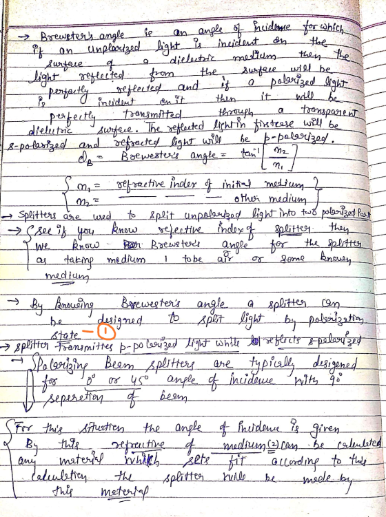 W o → Brewsters angle is an angle of meidene for which if an unplarized light is incident on the Surface q a dielectric meli