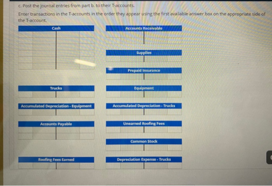 c. Post the journal entries from part b. to their T-accounts. Enter transactions in the T-accounts in the order they appear u