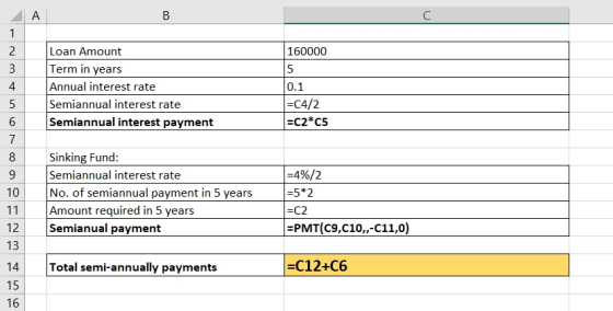 B 160000 Loan Amount Term in years Annual interest rate Semiannual interest rate Semiannual interest payment 0.1 =C4/2 =C2*C5
