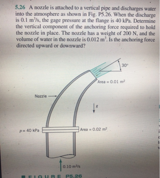 5.26 A nozzle is attached to a vertical pipe and discharges water into the atmosphere as shown in Fig. P5.26. When the discha