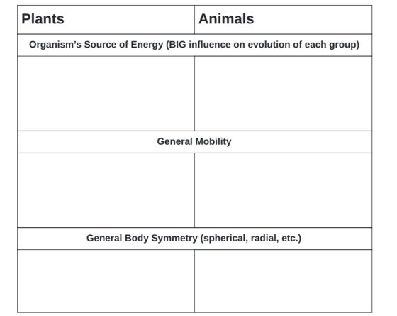 Plants Animals Organisms Source of Energy (BIG influence on evolution of each group) General Mobility General Body Symmetry