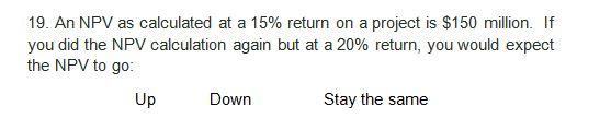 19. An NPV as calculated at a 15% return on a project is $150 million. If you did the NPV calculation again but at a 20% retu