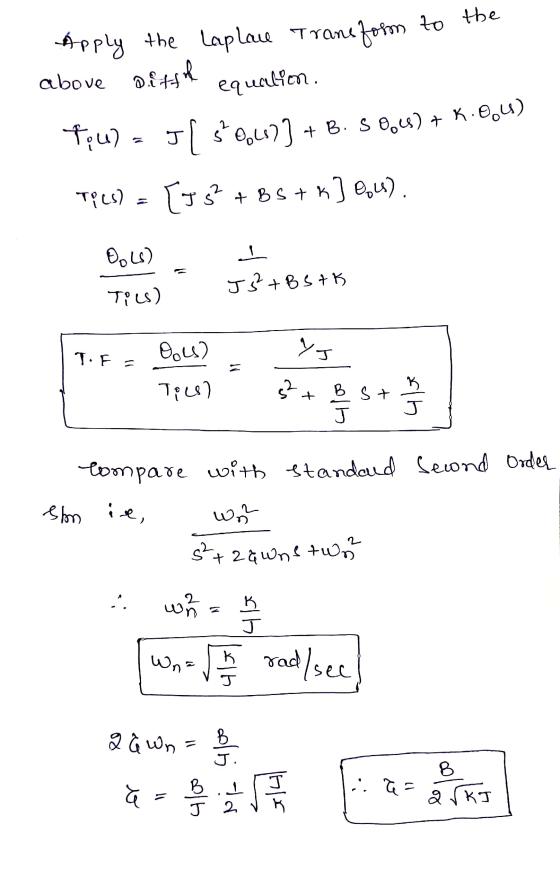 Apply the Laplace Transform to the above pittoh equation Tou) = Jl $0.417] + B. 5 0.6s) + K.6,4) TOL) = [75+ 85+ k] Bou). But