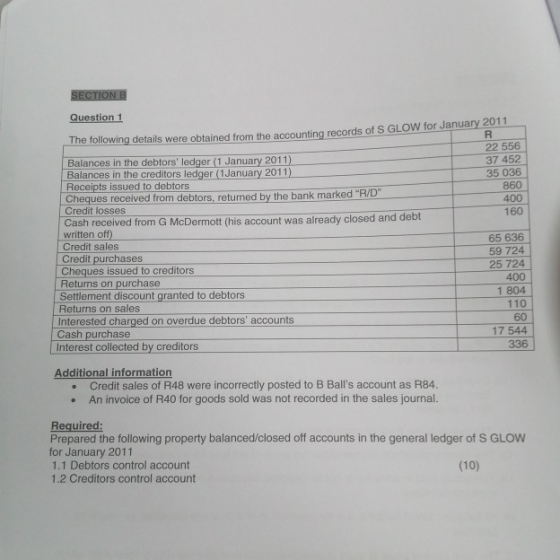 SECTION B Question 1 The following details were obtained from the accounting records of S GLOW for January 2011 22 556 37 452