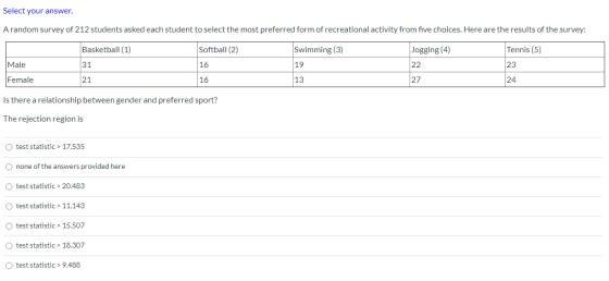 Select your answer. A random survey of 212 students asked each student to select the most preferred form of recreational acti