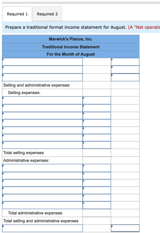 Required 1 Required 2 Prepare a traditional format income statement for August. (A Net operati Marwicks Pianos, Inc. Tradit