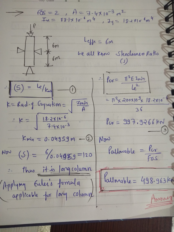 ate Fos = 2, A=7.44103 In = 88.18 10-omu Ty = 18.2810omu P бm Leffe = 6m We all know Slendunen Ratio (5) im A ~ Por= T1²E Imi