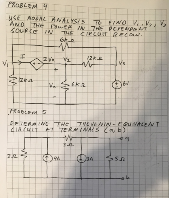 PROBLEM uSE NODAL ANALYSIS AND THE PouER IN THE DEPENDENT SOURCE IN 70 FINOV,V2V3 THE Gkn Ciecuit BELOW. 12k2 V3 Vi 12k PROBL