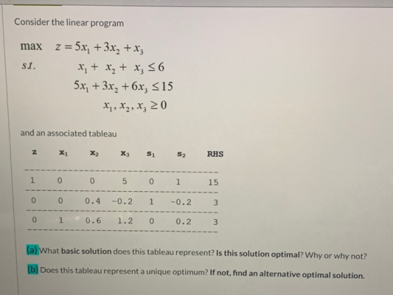 Consider the linear program max z = 5x, + 3x2 + xz st. x + x₂ + x₂ <6 5xı + 3x2 +6xz S15 X, X2, X, 20 and an associated table