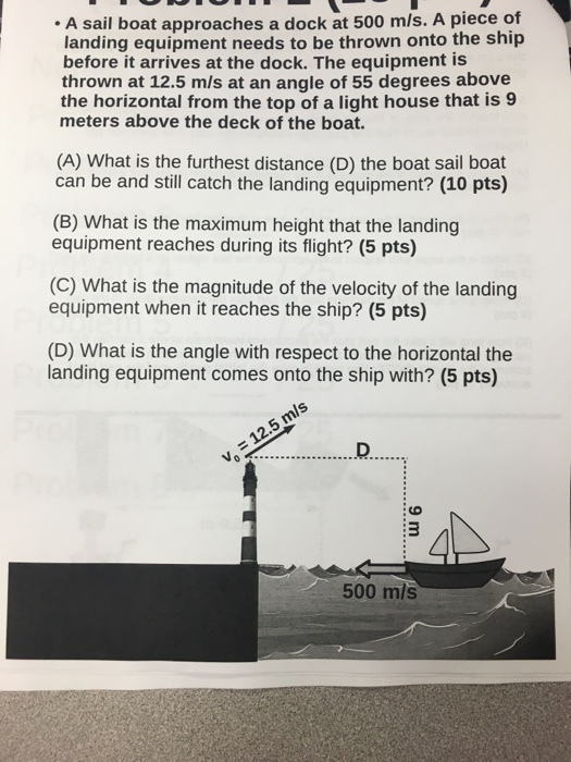 A sail boat approaches a dock at.500 m/s. A piece