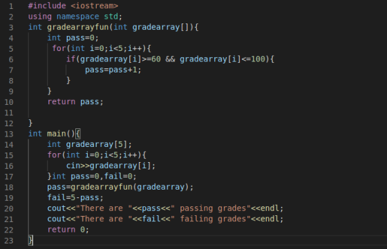 #include <iostream> using namespace std; int gradearrayfun(int gradearray[]) { int pass=0; for(int i=0;i<5;i++) { if(gradearr