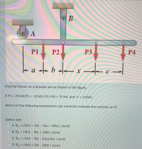 O B А P1 P2 P3 P4 late aetabotex-te- External forces on a bracket are as shown in the figure, If P1 = 20 kN,P2 = -10 kN, P3 =
