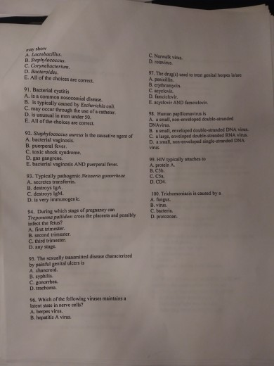 may show A. Laciobacilius. B. Siaphylococcus. C. Corynebacterium. D. Bacleroides. E. All of the choices are correct C. Narwak