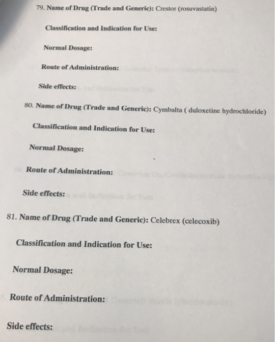 79. Name of Drug (Trade and Generic): Crestor (rosuvastatin) Classification and Indication for Use Normal Dosage: Route of Ad