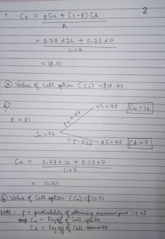 ? Co = p Cut Co-p) Cd - R -0.77 26 +0.23 40 l»DZ @ Value of call option Cco) =$18.71 us=9 7 Cu=16 So=86 2 1-P = 0.23 ds=75 Cd