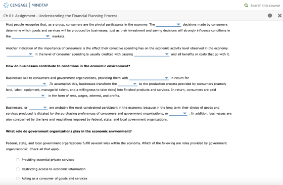 CENGAGE MINDTAP a Search this course Ch 01: Assignment - Understanding the Financial Planning Process 0 Most people recognize